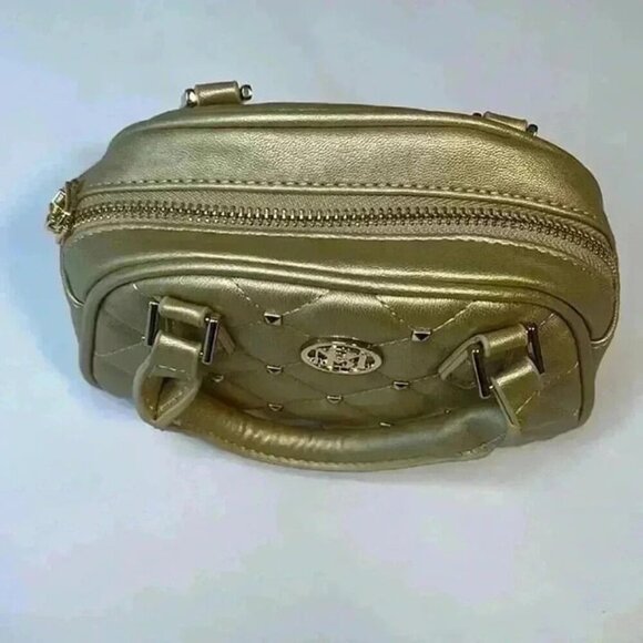 BADGLEY MISCHKA MINI DOME CROSSBODY PURSE QUILTED METALLIC GOLD STUDS - Picture 2 of 7